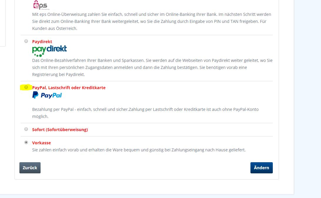 Wählen Sie zunächst als Zahlungsart PayPal aus